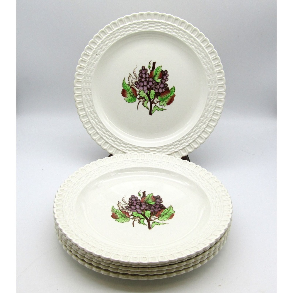 Copeland Spode Luncheon Plates 9.25" Set of 6 Grape Pattern Basket Weave Edge